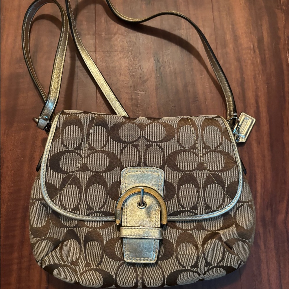Coach Brown and Tan Crossbody Bag with Silver Accents